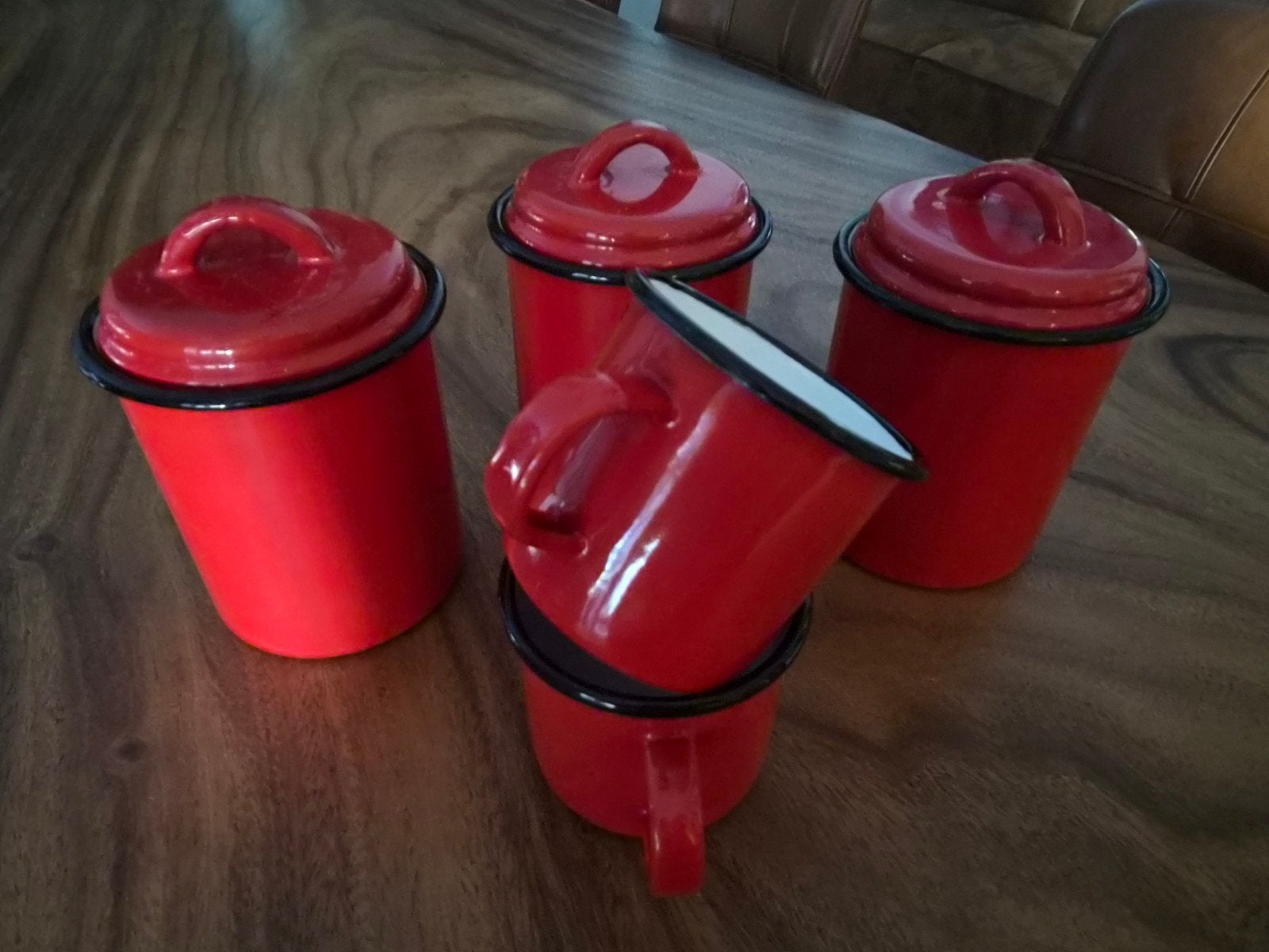 Emaille keukenspullen, Huis en Inrichting, Keuken | Tupperware, Ophalen, Zo goed als nieuw, Rood, Beker of Kan