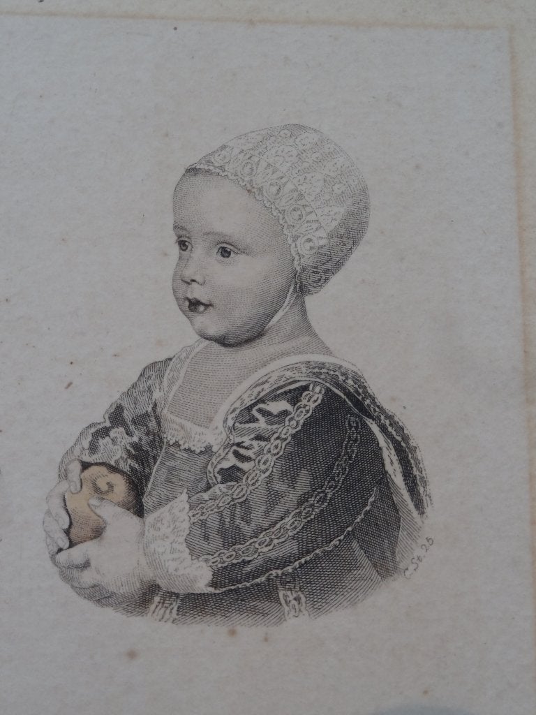 Gravure in kleur mode van drie kinderen uit 17e eeuw, Mode, Gravure, Origineel, 1600 - 1699