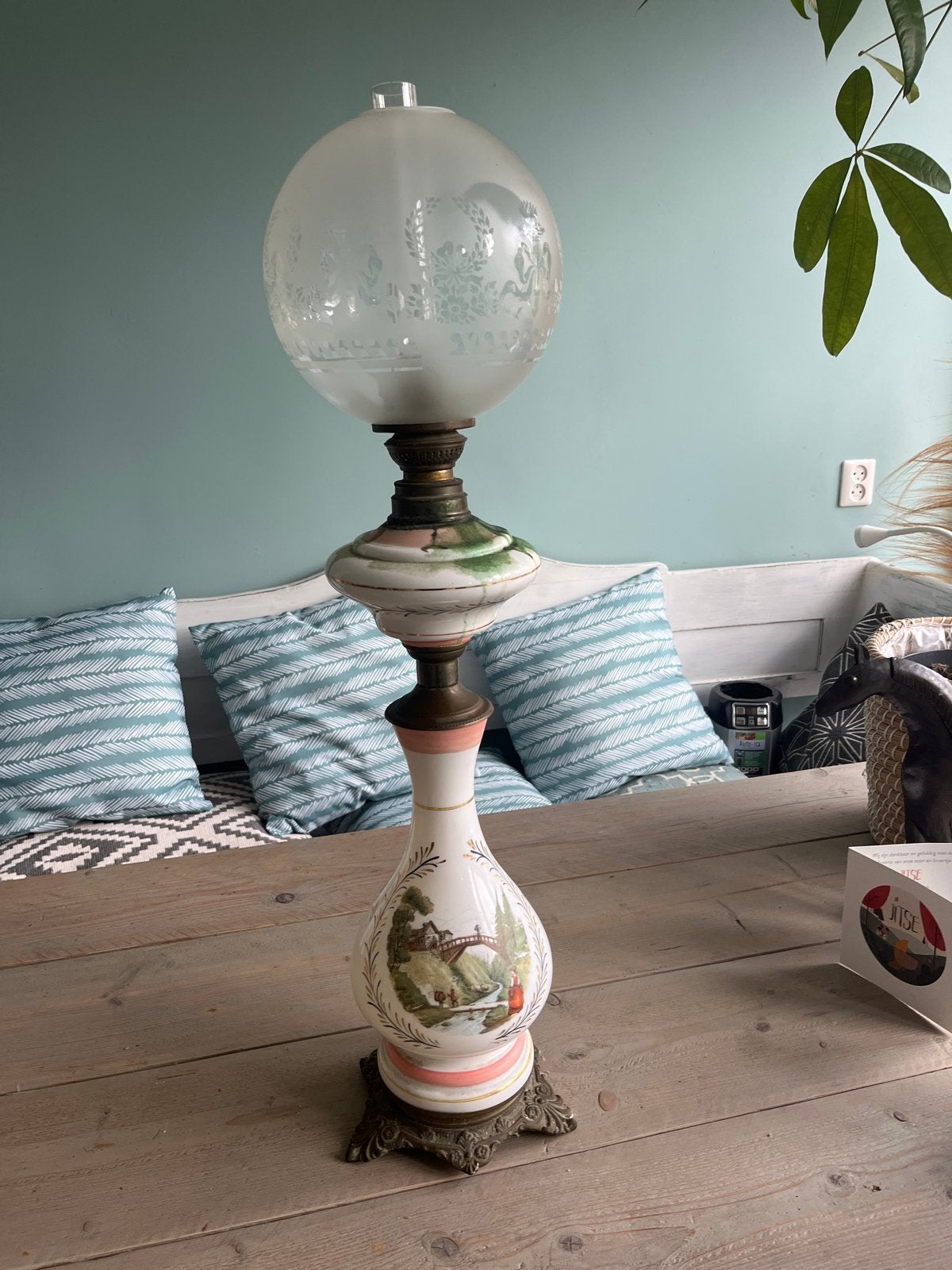 Antieke olielamp met handgeschilderde decoraties, Ophalen of Verzenden
