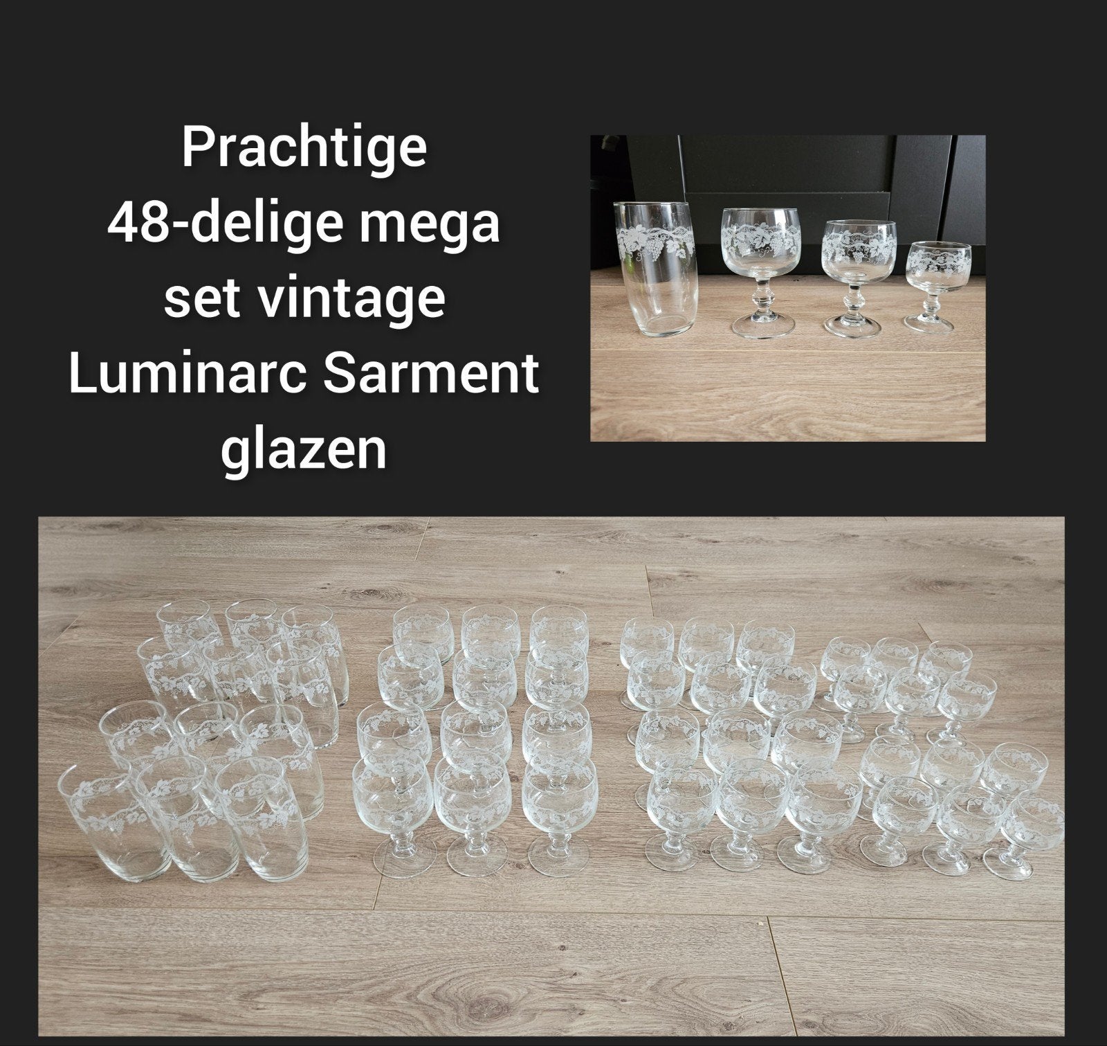 Prachtige 48-delige mega set vintage Luminarc Sarment glazen, Antiek en Kunst, Ophalen