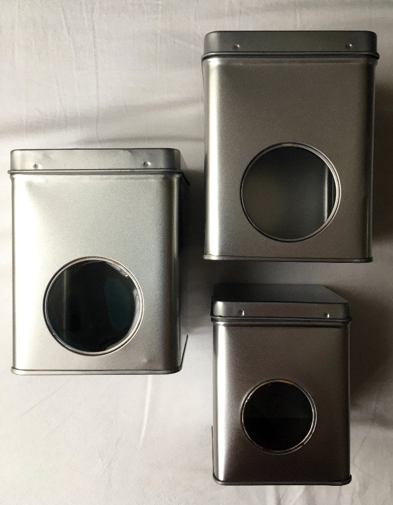 3 metalen theeblikjes met venster, kleur zilver, los te koop, Zilver, Ophalen of Verzenden, Zo goed als nieuw, Metaal