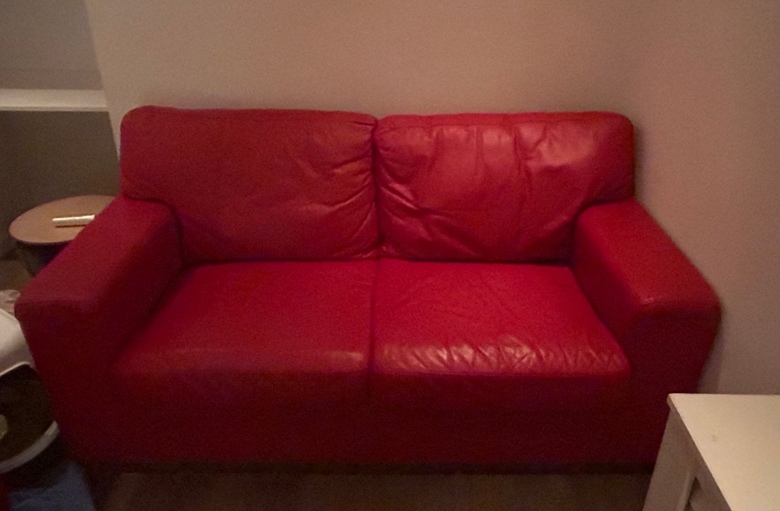 Rood leren bankstel 2 en 4 zits, incl stoffen hoezen, Ophalen, Gebruikt, 75 tot 100 cm, Leer