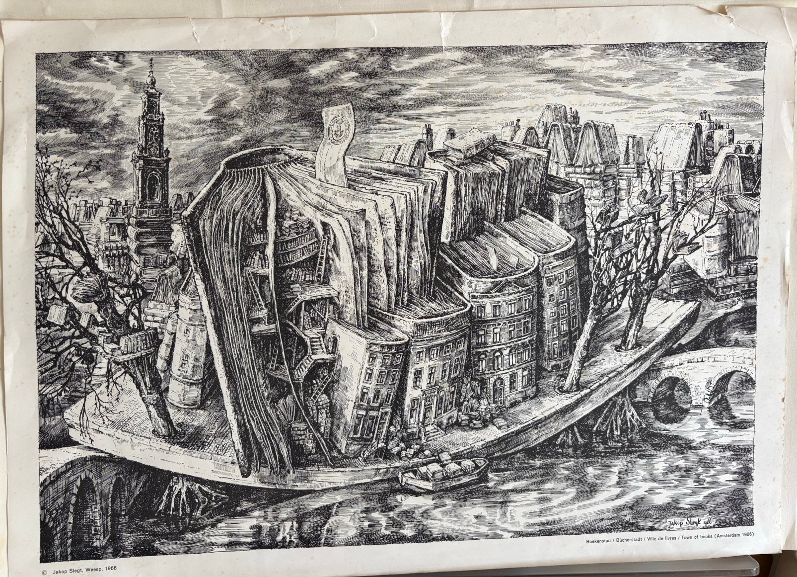 Amsterdam, boekenstad Jacob Slegt 1966, 1950 - 1999, Overige technieken, Ophalen of Verzenden, Blanco verso