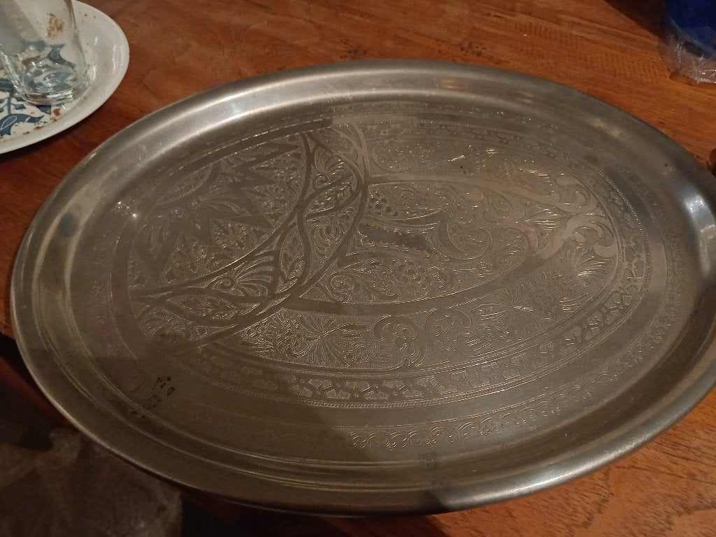 mooi zilverkleurig dienblad, Ophalen of Verzenden, Zo goed als nieuw, Rond, Hout
