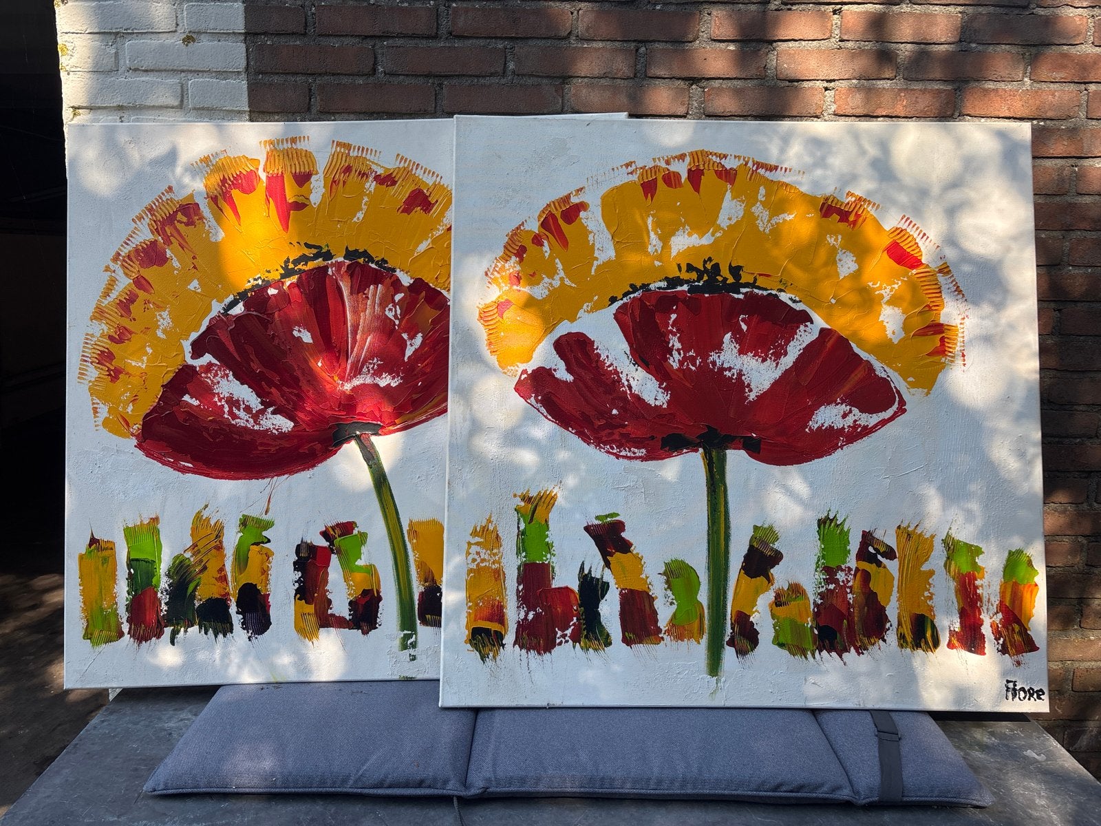 2 Fiore schilderijen, 100x100 cm, gesigneerd, Antiek en Kunst, Ophalen, Acrylverf, Gesigneerd, Bloemen