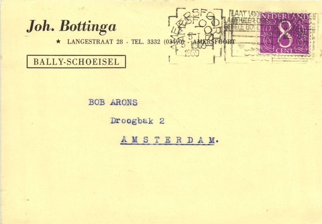 Joh. Bottinga, Bally-schoeisel, Amersfoort - 01.1959 - brief, Postzegels en Munten, Ophalen of Verzenden, Briefkaart