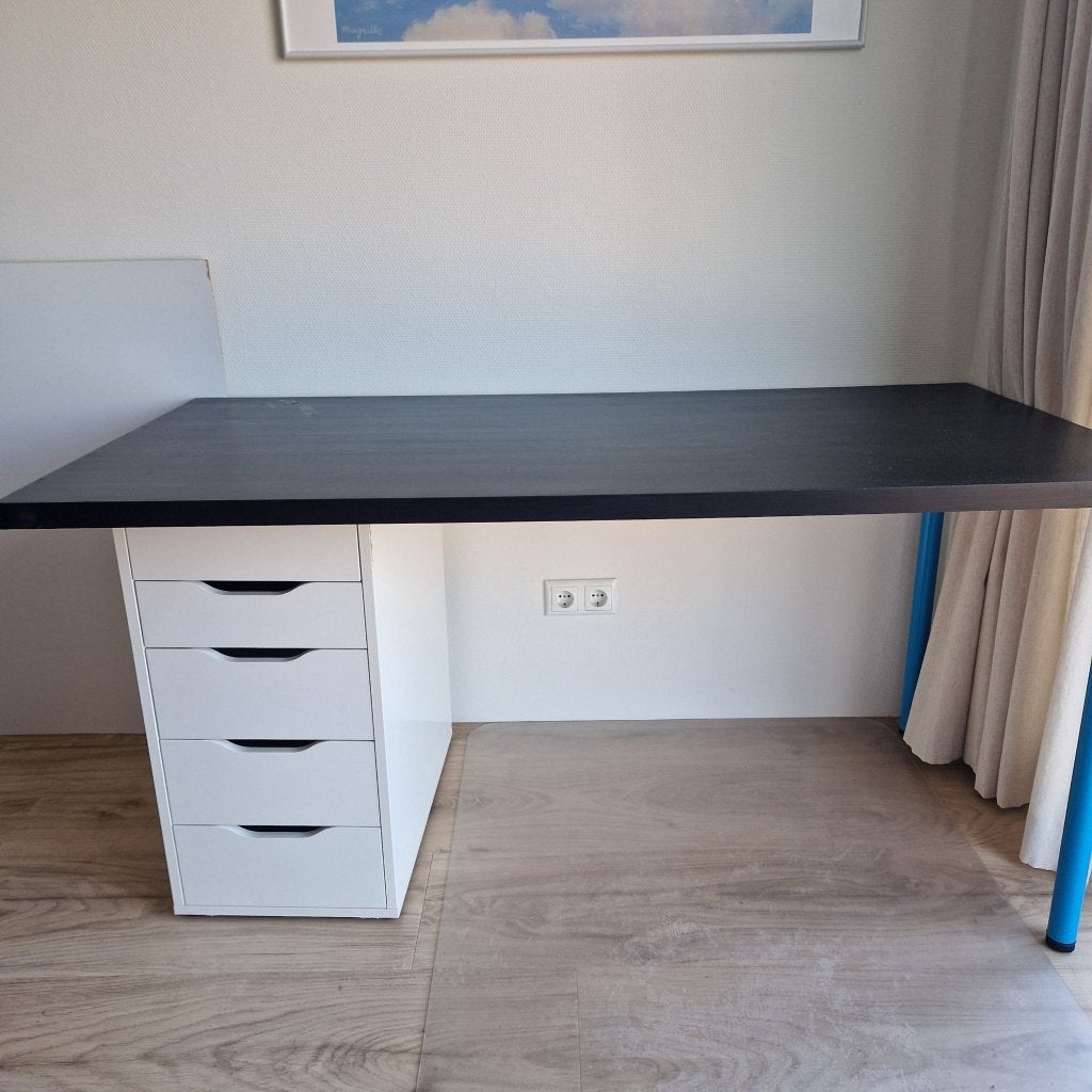 IKEA bureau 150 x 75 cm (blad + ladeblok + poten), Ophalen, Gebruikt, 150 cm, Hout