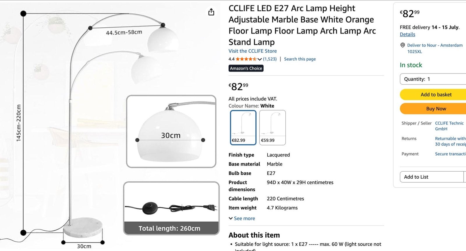 Booglamp met marmeren voet en witte kap, Huis en Inrichting, Lampen | Vloerlampen, Ophalen, Gebruikt, 200 cm of meer, E27 (groot)