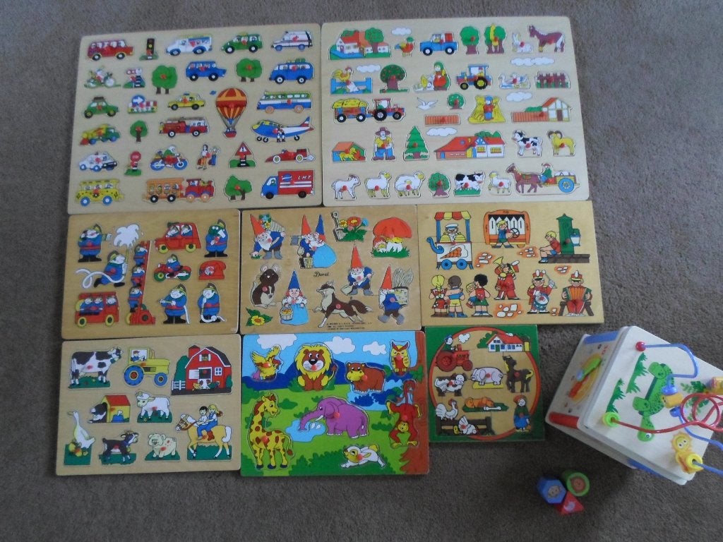Houten  puzzels       Gitaartje    en    blokken spel., Gebruikt, 10 tot 50 stukjes, Ophalen of Verzenden, Van hout