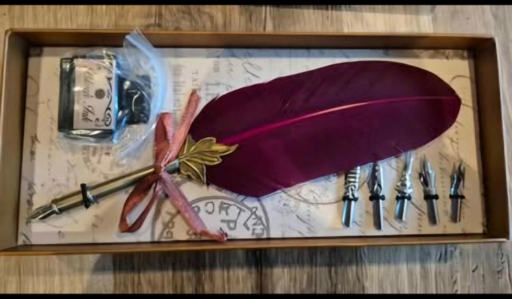 Inktset verenpen, Bordeaux rode veer, Licht gouden doos, Diversen, Schrijfwaren, Ophalen, Nieuw