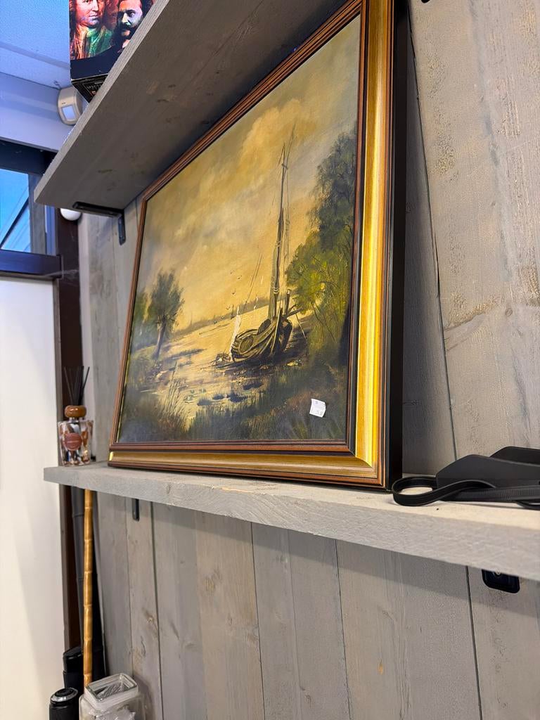Oud Hollands Landschap Schilderij met Boot, Antiek en Kunst, Kunst | Schilderijen | Klassiek, Ophalen
