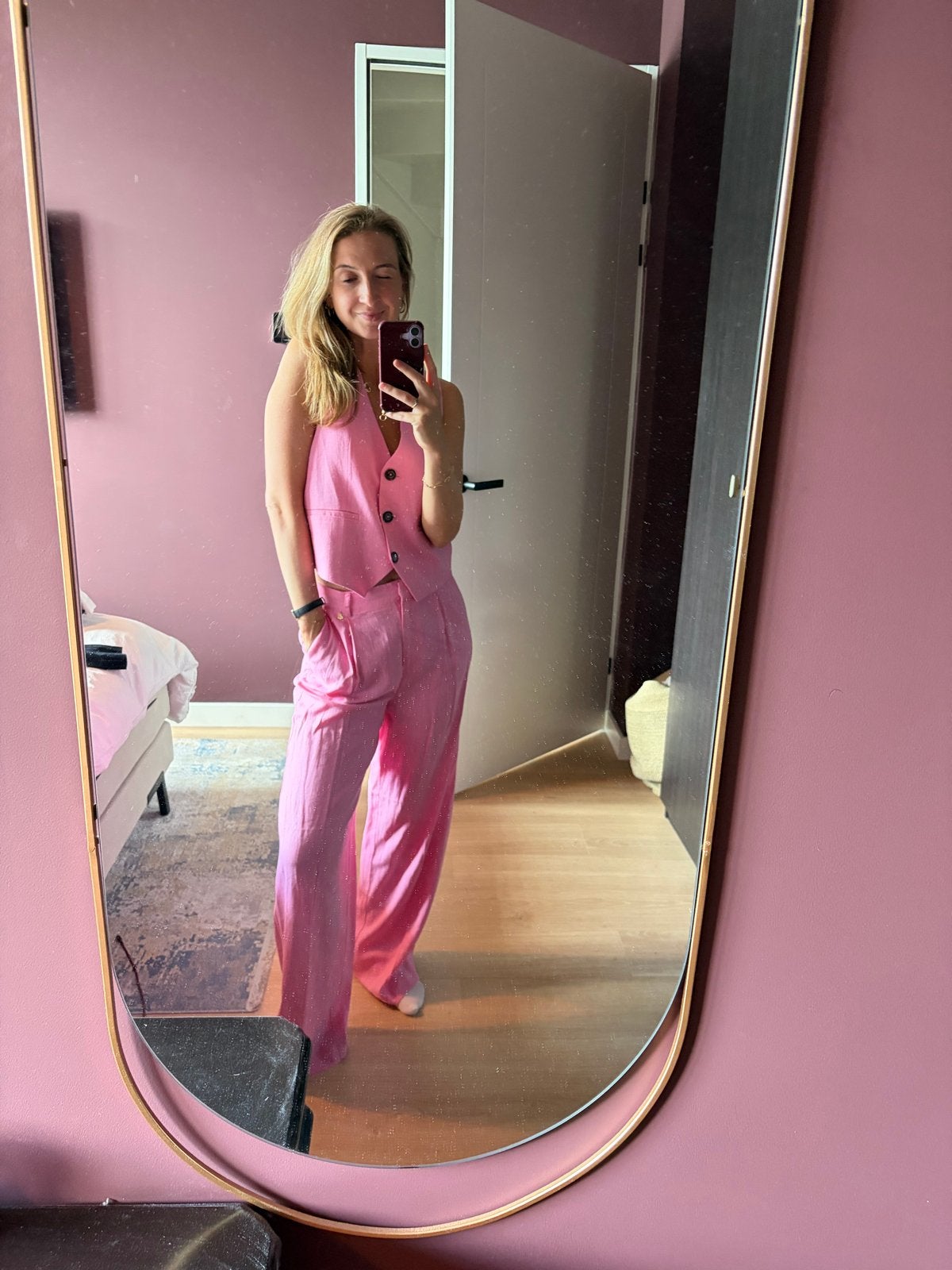 Fabienne Chapot roze linnen pak - gilet en broek, Kleding | Dames, Broeken en Pantalons, Nieuw, Maat 36 (S), Roze, Lang, Ophalen of Verzenden