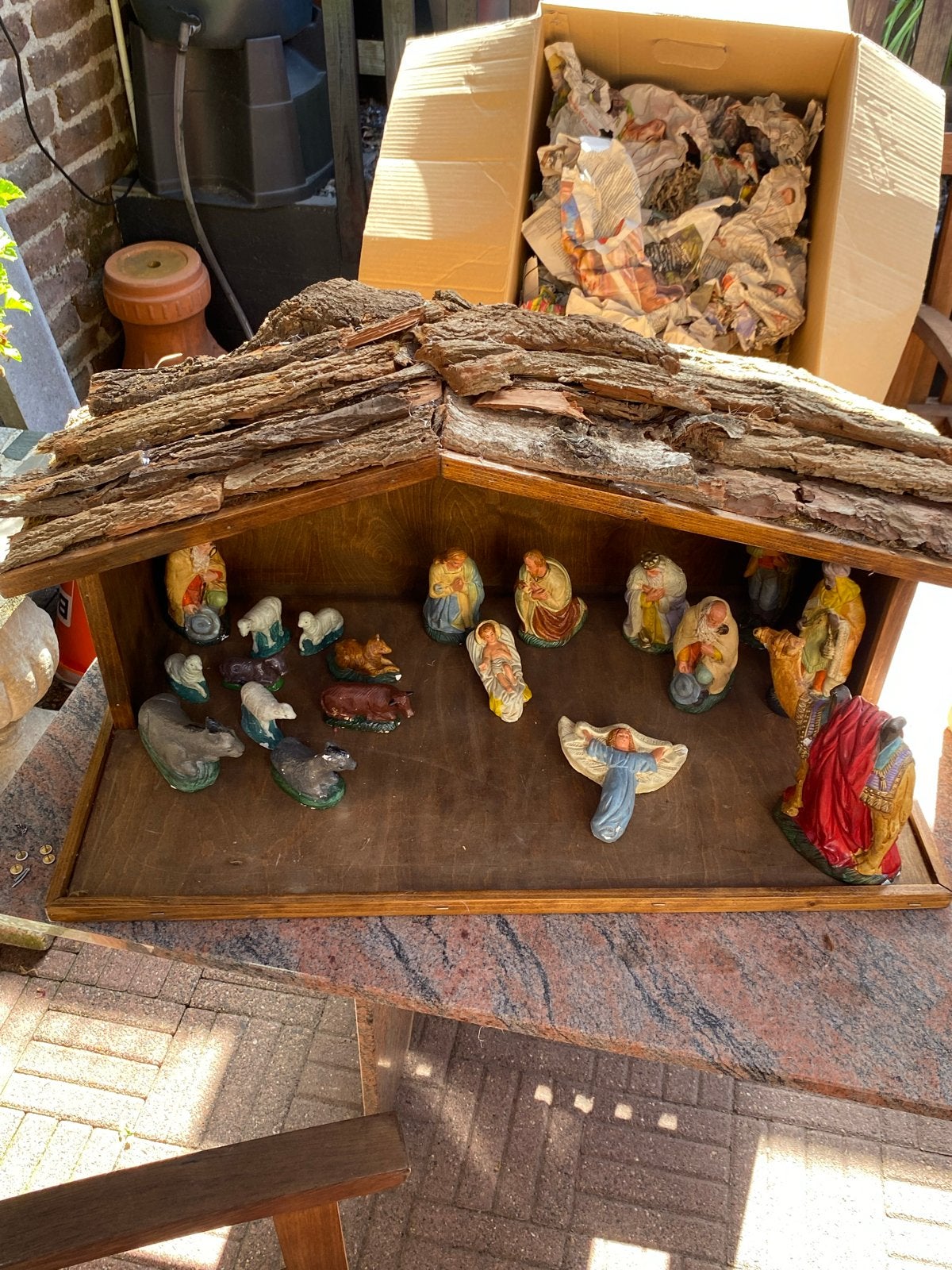 Vintage Kerststal met figuren: Maria, Jozef, herders, dieren, Ophalen