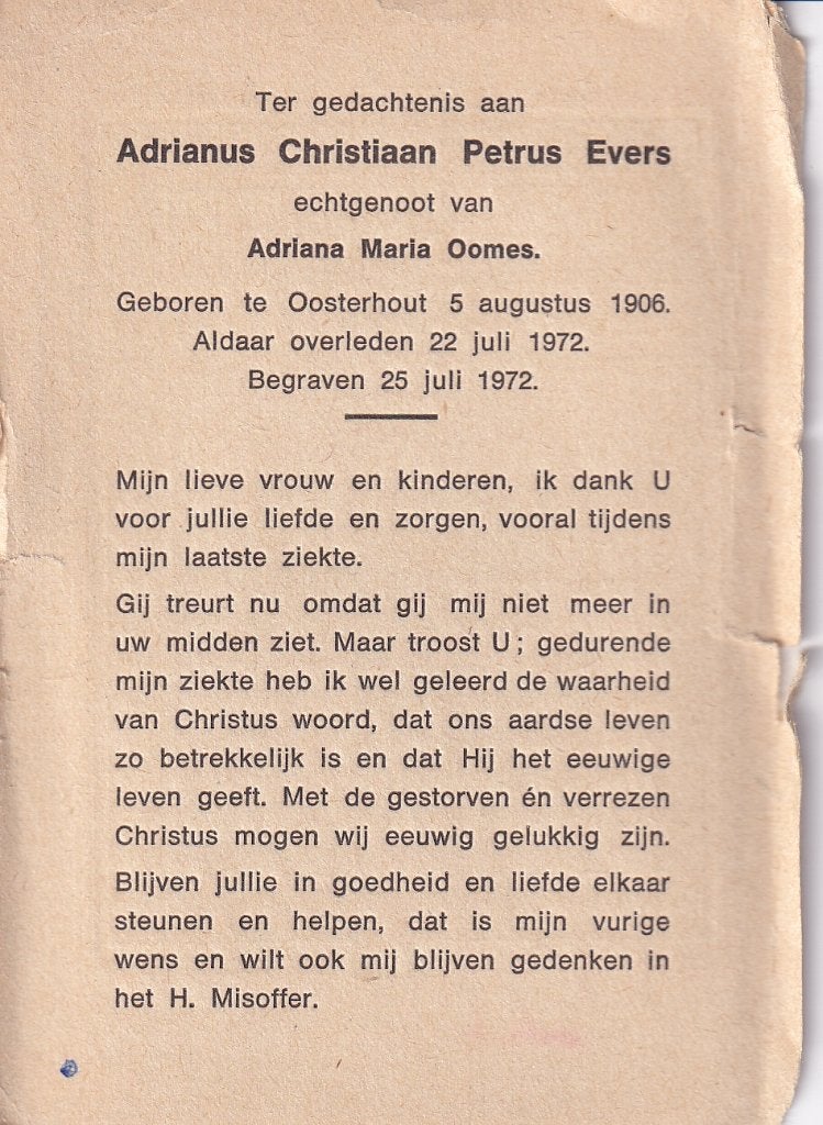 Evers Adrianus 1906 Oosterhout 1972, Ophalen of Verzenden, Bidprentje