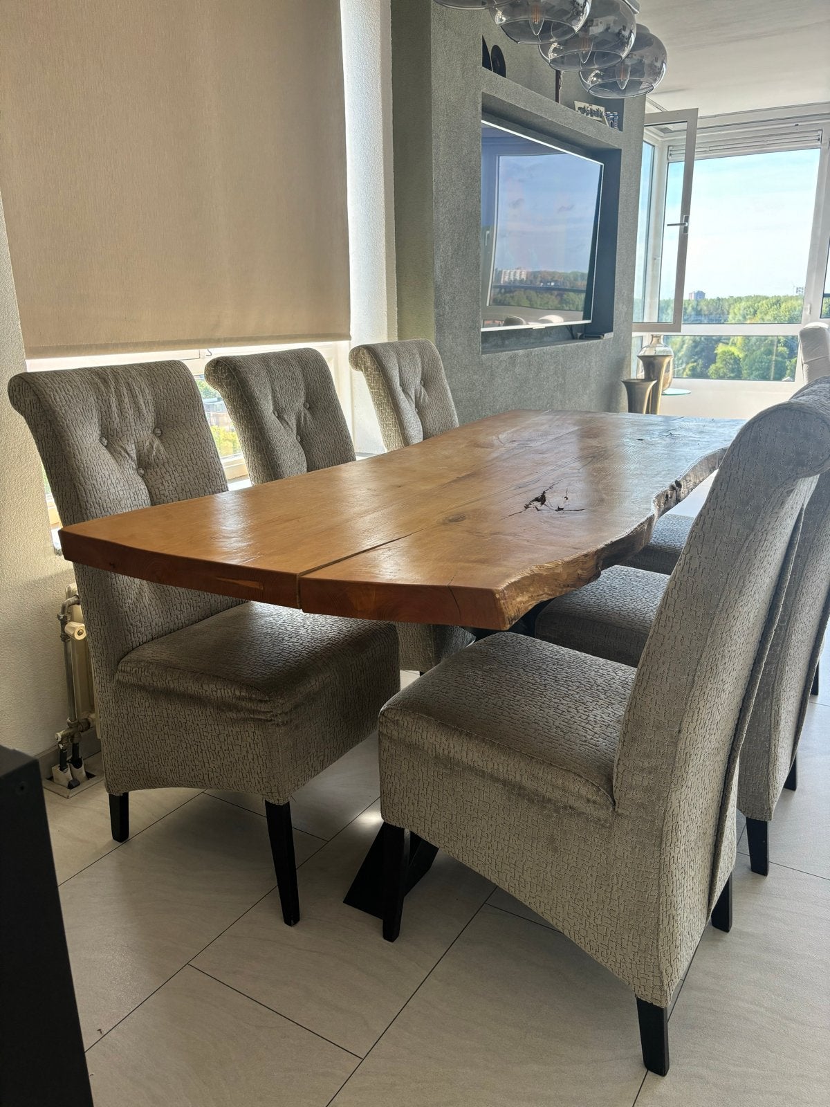 Stamboom tafel met 6 stoelen en moderne spinnenweb poten, Gebruikt, Vijf personen of meer, Rechthoekig, Overige houtsoorten