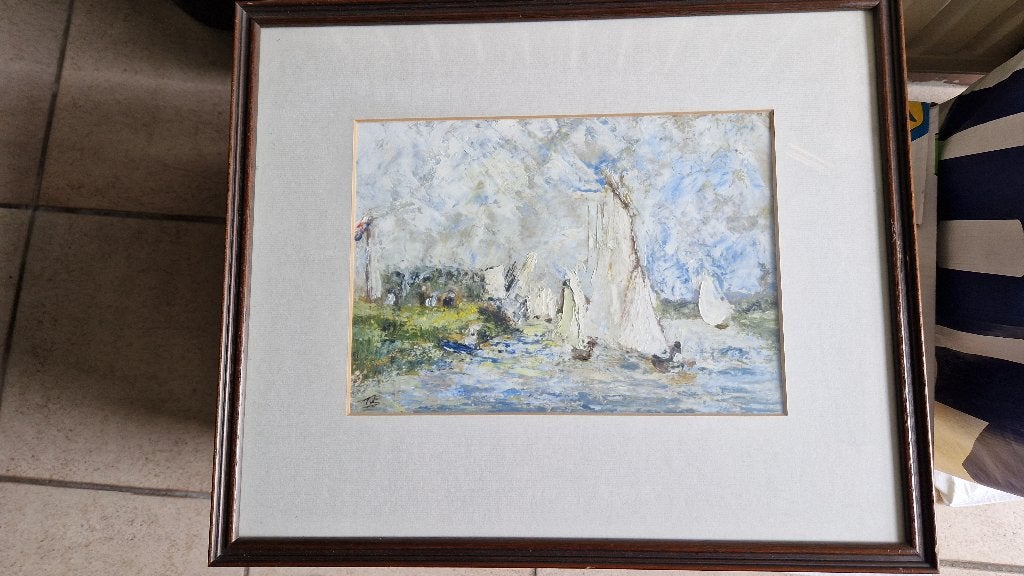 oud schilderij aquarel in lijst, Ophalen of Verzenden