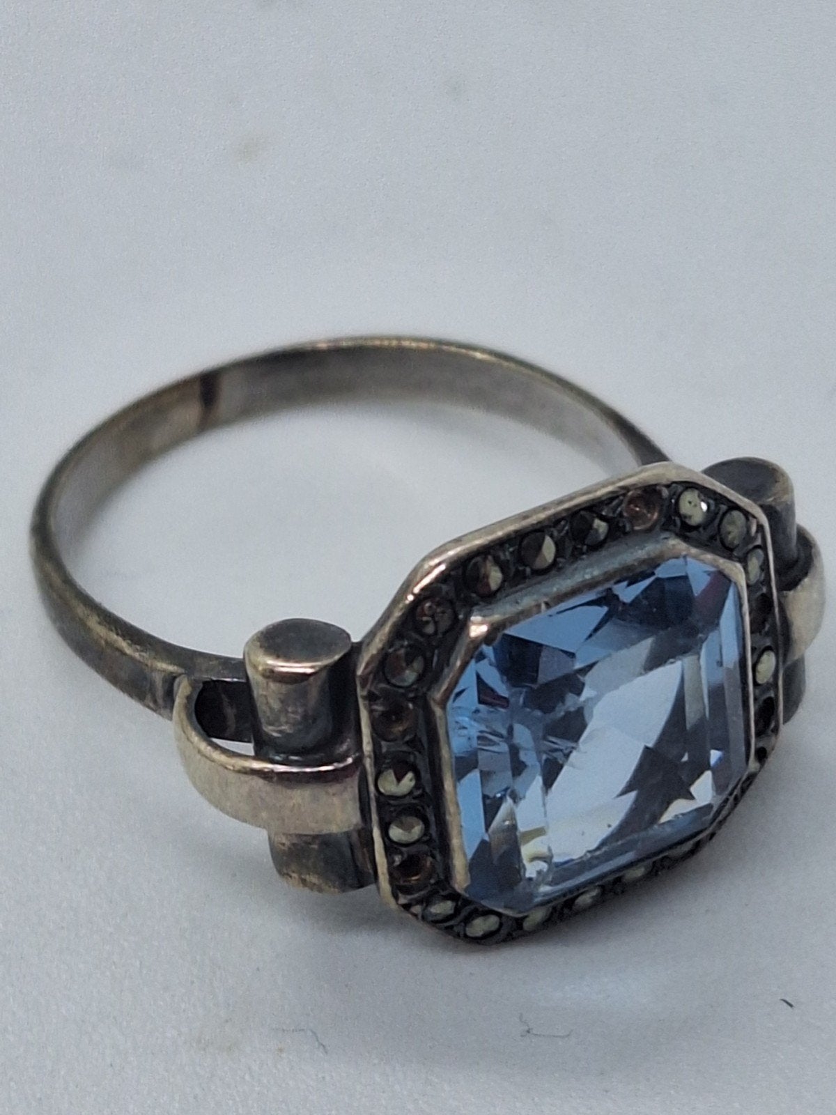 Art Nouveau antieke zilveren ring met aquamarijn, jaren '20, Gebruikt, Ophalen of Verzenden, 17 tot 18, Met edelsteen