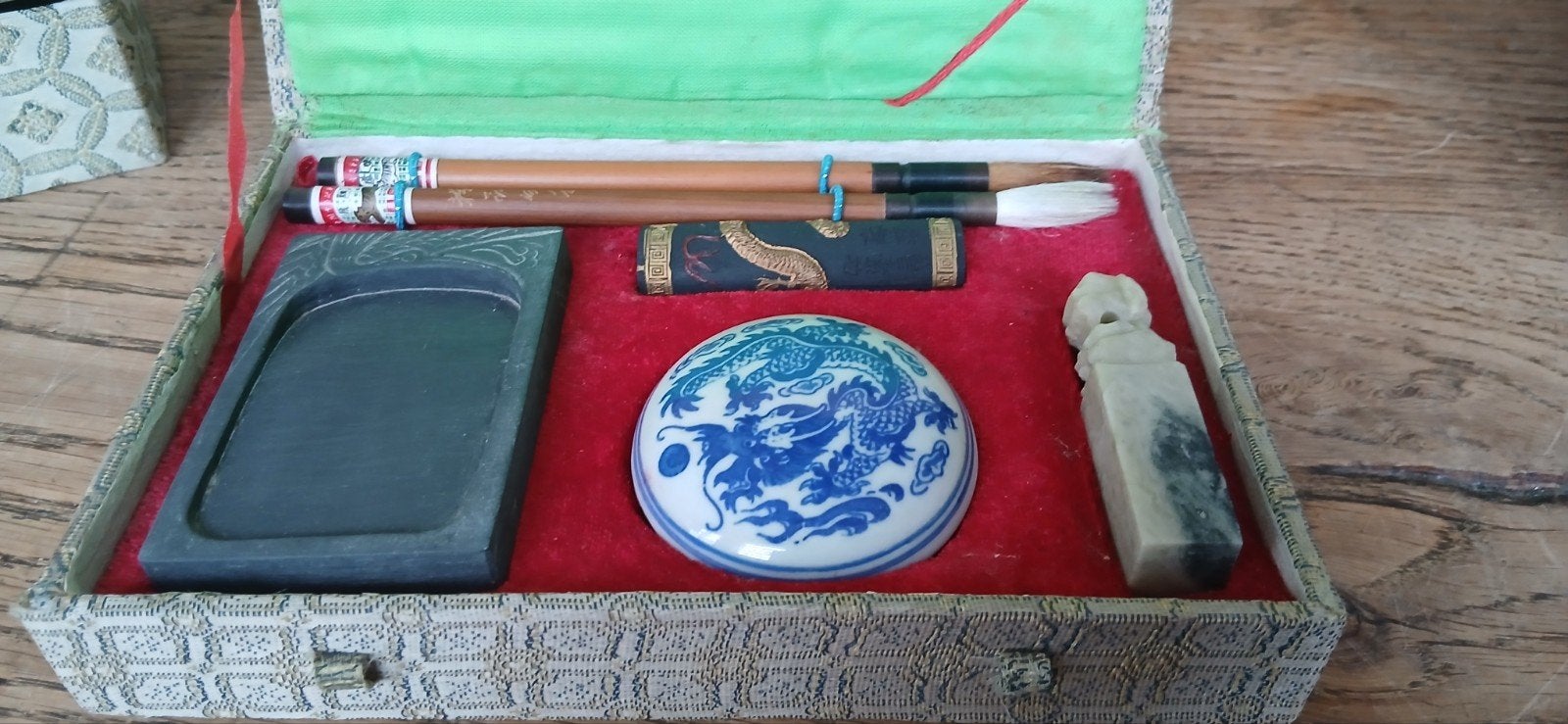 Chinese Kalligrafie Set met Drakenmotief, Hout, Blauw, Overige typen, Ophalen of Verzenden