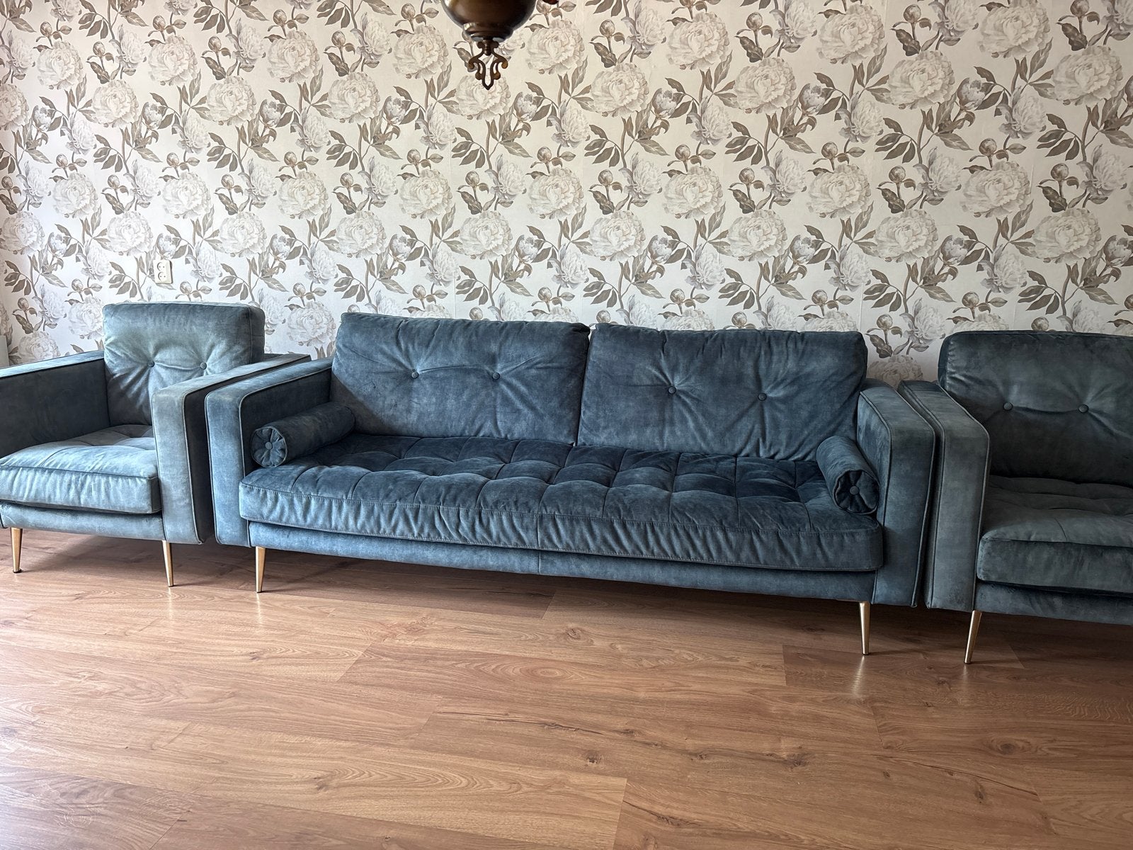 Stijlvolle 3-delige bankstel in blauw velours, Huis en Inrichting, Banken | Bankstellen, Ophalen, Gebruikt, Driepersoons, 75 tot 100 cm