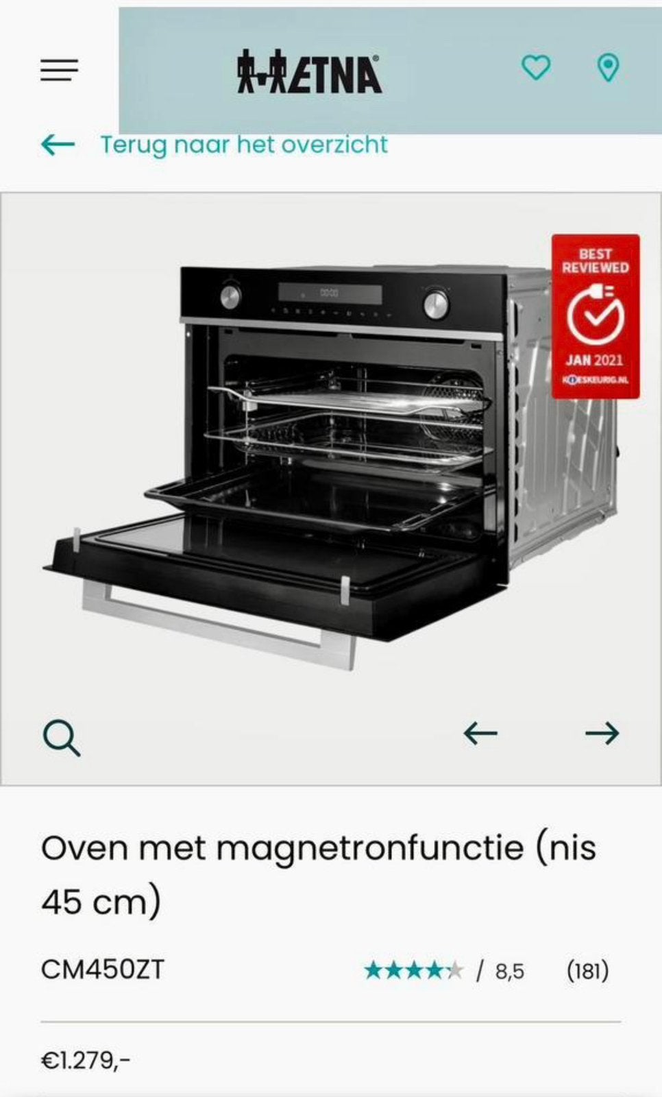 ZGAN! Etna inbouw Oven met magnetronfunctie CM450ZT, Combimagnetron, Ophalen of Verzenden, Zo goed als nieuw, Inbouw