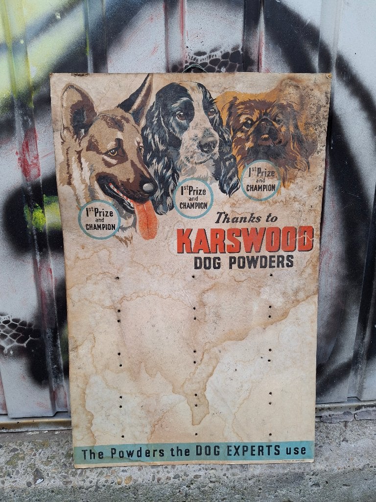 Uniek Vintage Karswood Dog Powders Reclame Karton/Display, Ophalen of Verzenden, Gebruikt, Reclamebord
