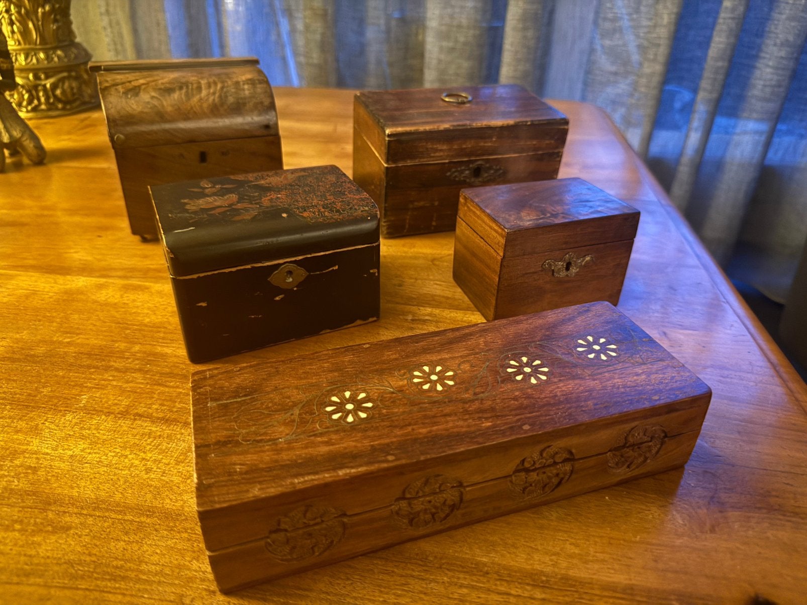 Unieke set van 5 antieke / vintage houten kistjes & doosjes, Ophalen, Gebruikt, Minder dan 50 cm