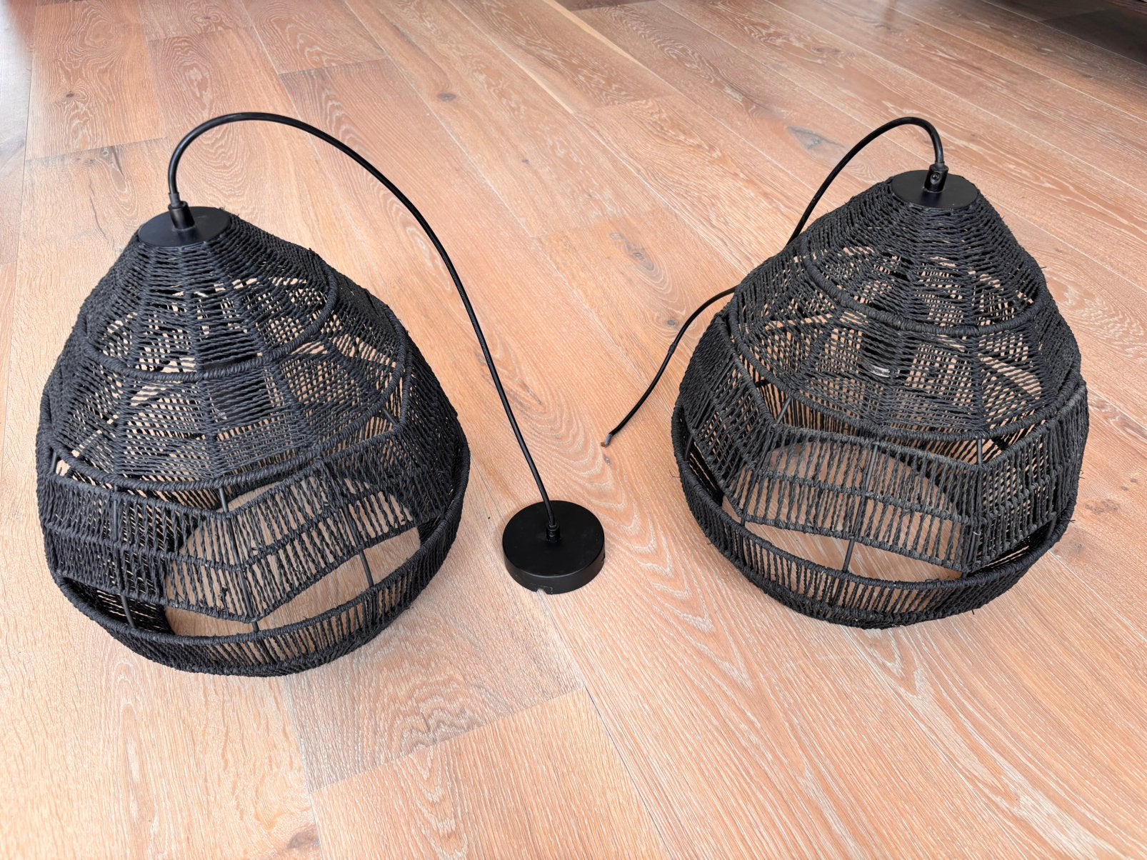 2x Zwarte rotan/hanglampen boho stijl – set van 2, Ophalen, Stof, Boho, Zo goed als nieuw