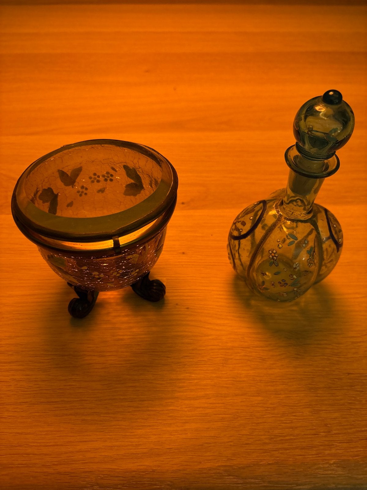 Antiek parfumflesje en trinketpotje van glas, Antiek en Kunst, Ophalen