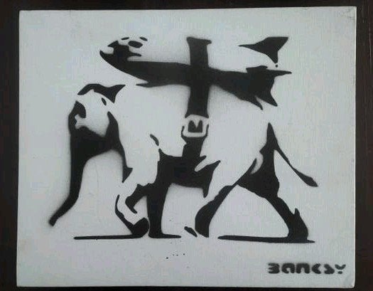 Banksy Heavy weaponry graffiti schilderij
Linnen op karton 3, Ophalen of Verzenden