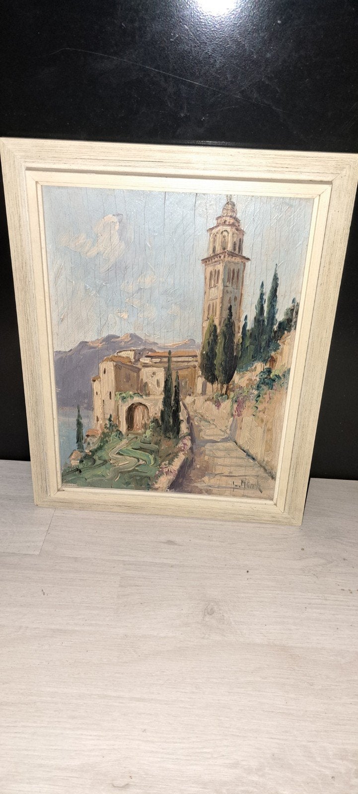 Oud schilderij van Italiaans landschap met toren, Ophalen of Verzenden
