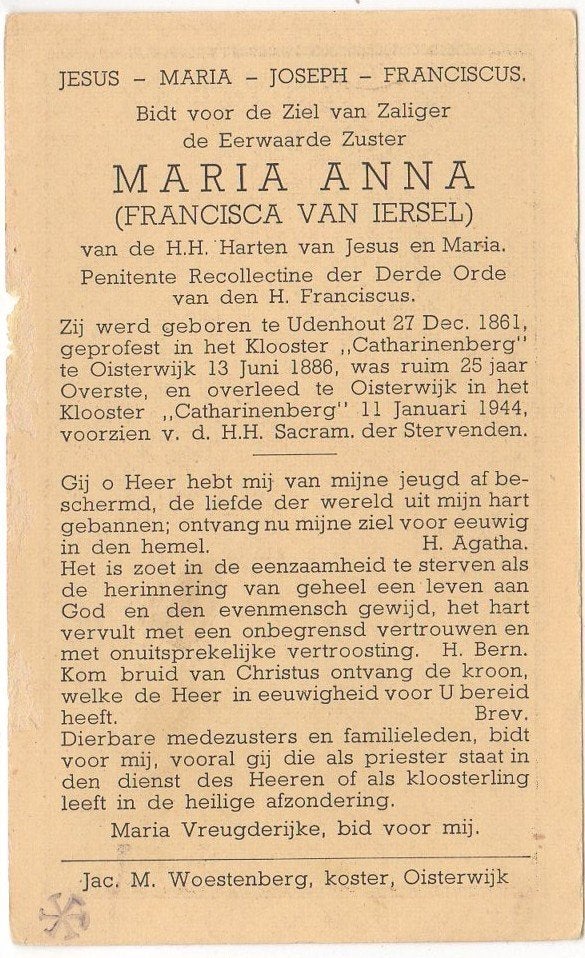 zr. Francisca van Iersel 1861 Udenhout + 1944 Oisterwijk, 82, Verzenden