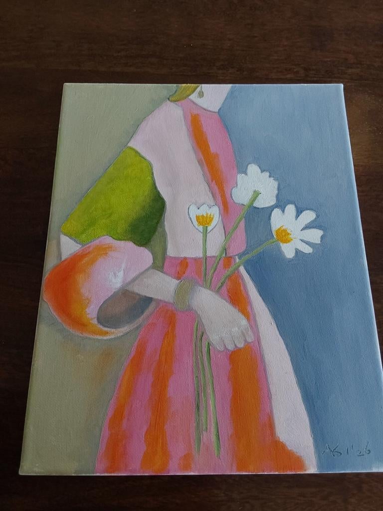 Vrouw met bloemen - Origineel schilderij, Ophalen of Verzenden