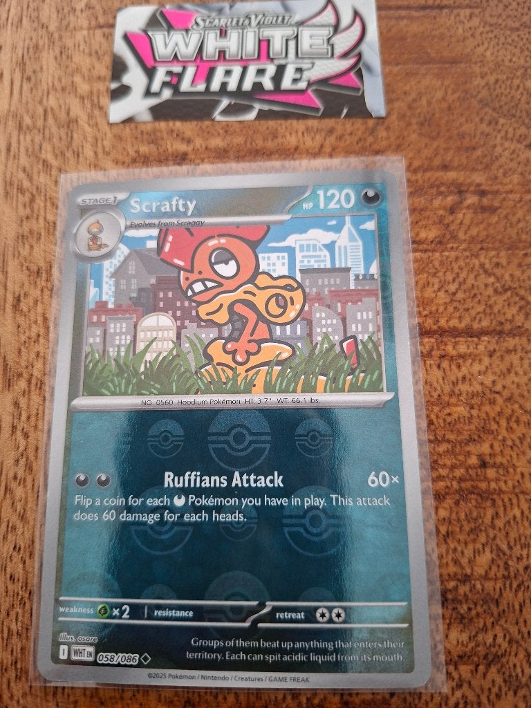 Pokemon Scrafty (pokeball) (058/082) – White Flare, Ophalen of Verzenden, Nieuw, Losse kaart, Foil