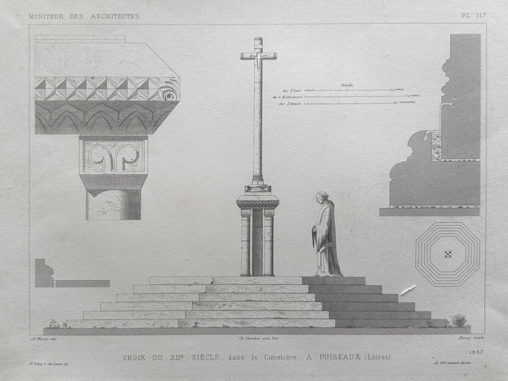 Antieke staalgravure - 12e-eeuws stenen kruis te Puiseaux, Architectuur, Ophalen of Verzenden, 40 cm, 30 cm