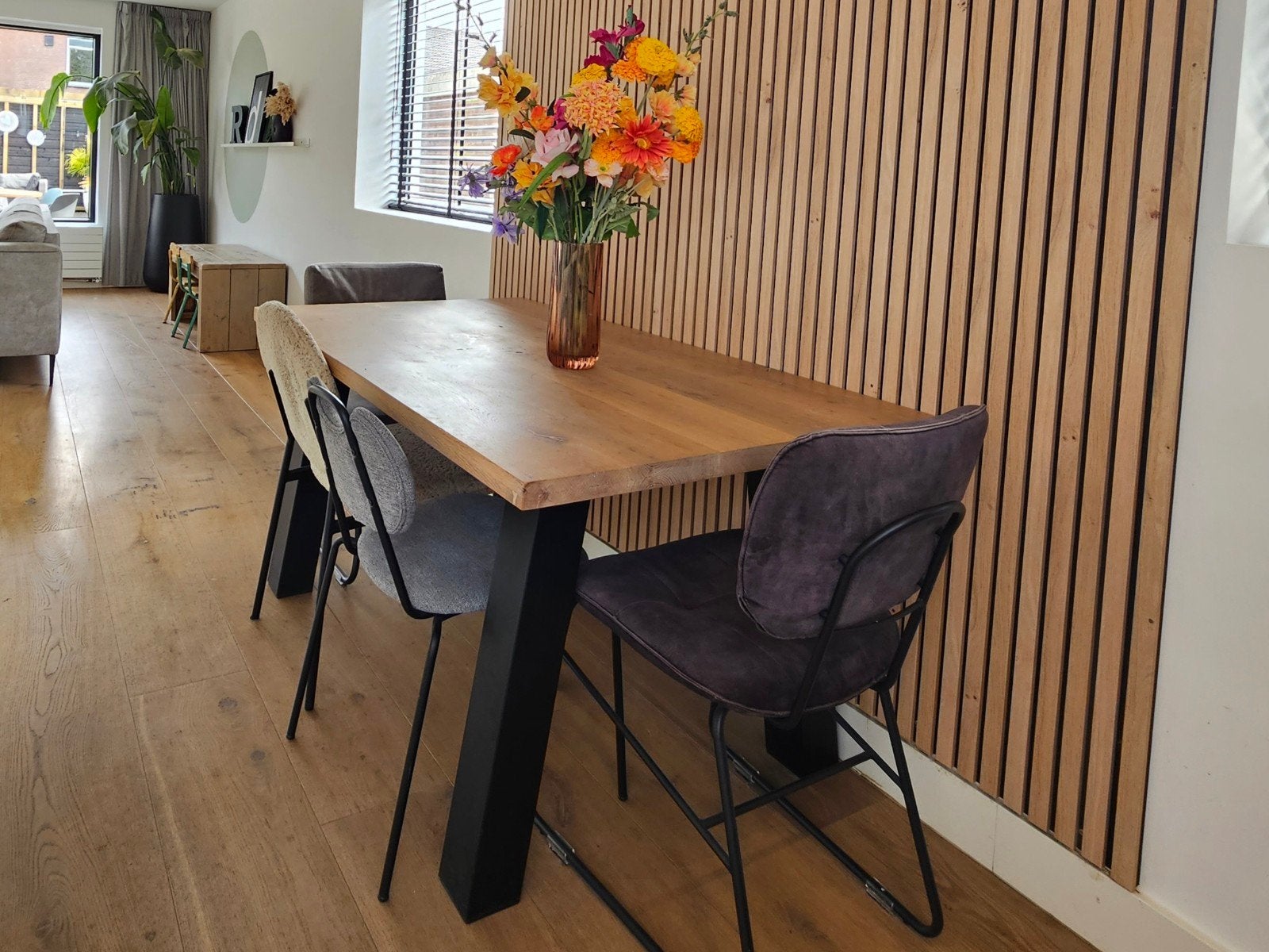 Eettafel eiken blad zwarte metalen poten 150x90, Ophalen, Gebruikt, Eikenhout, 200 cm of meer