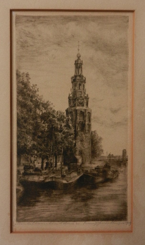 Ets Montelbaanstoren Amsterdam F IJzerinkhuizen 1949 22x12cm, Stadsgezicht, Ophalen of Verzenden, 12 cm, 23 cm