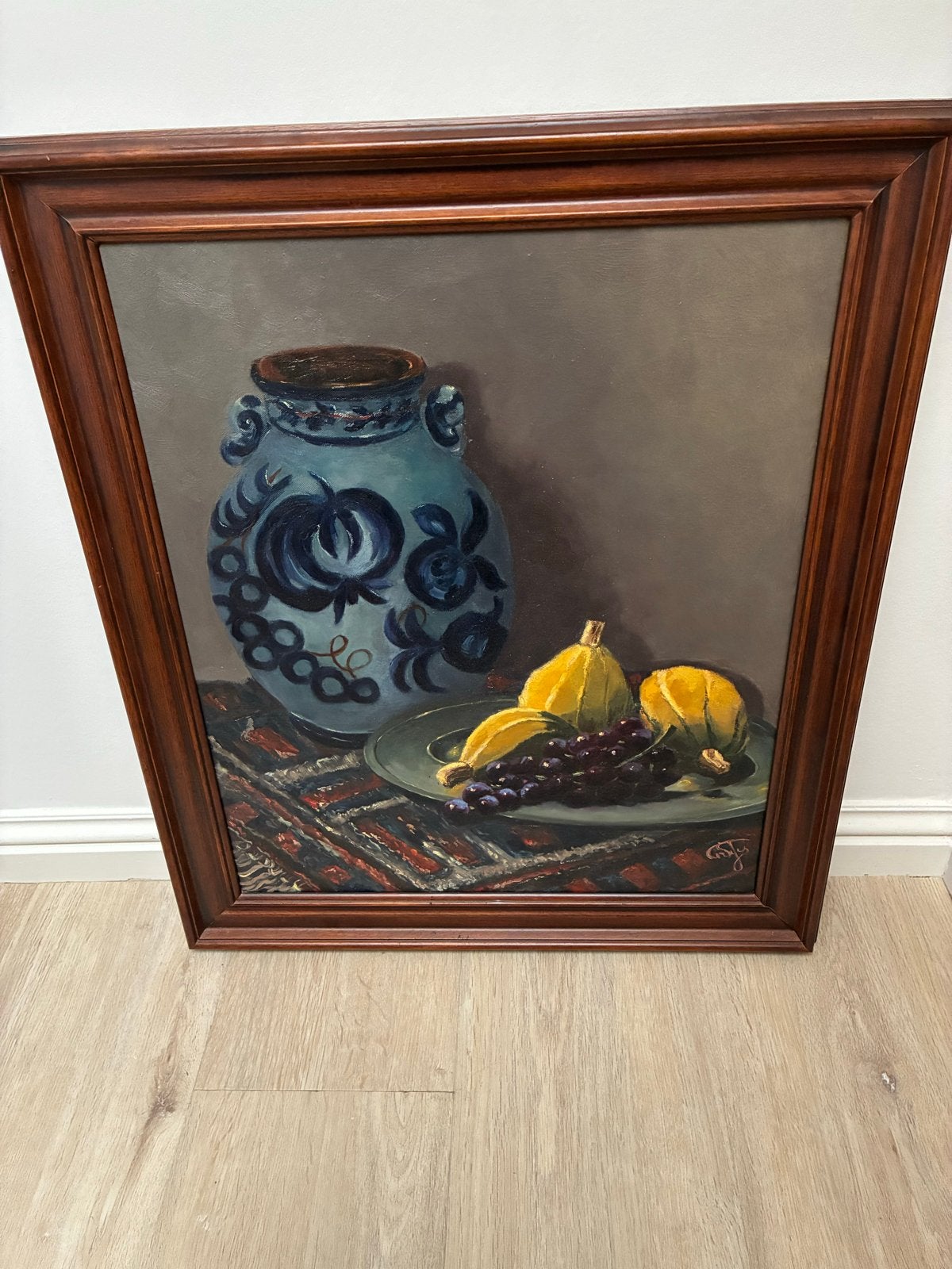 Klassiek stilleven met vaas en fruit, olieverf op doek, Ophalen, Doek, Stilleven, Olieverf