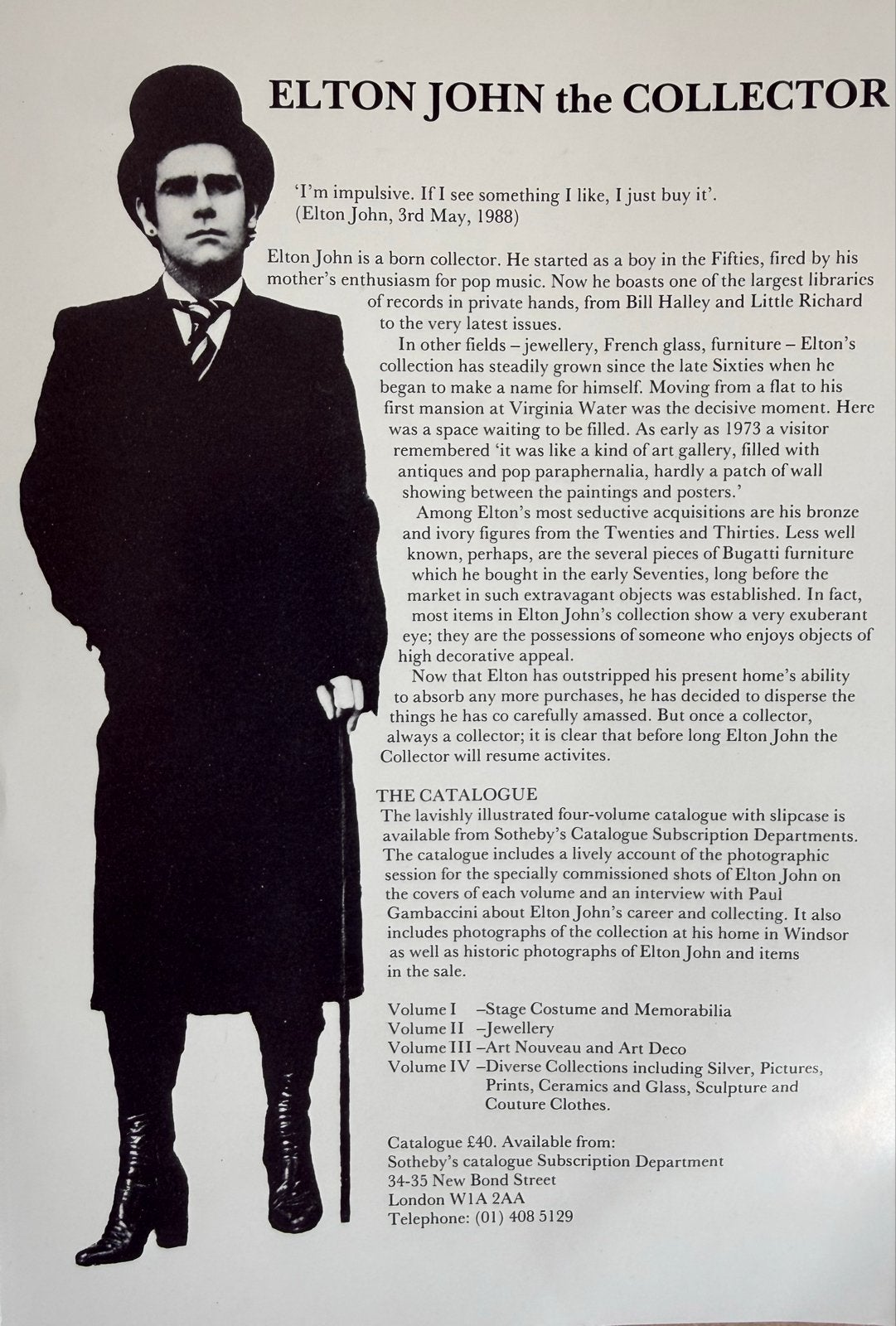 Elton John The Collector Sotheby's Catalogus 1988, Boeken, Ophalen of Verzenden, Zo goed als nieuw, Catalogus