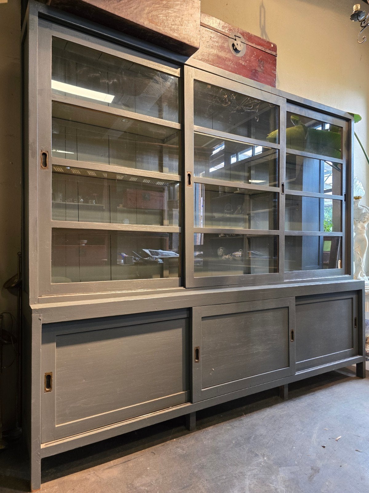 Grijs & groen buffetkast | vitrinekast | boekenkast teak, 200 cm of meer, Ophalen of Verzenden, 200 cm of meer, Onbekend
