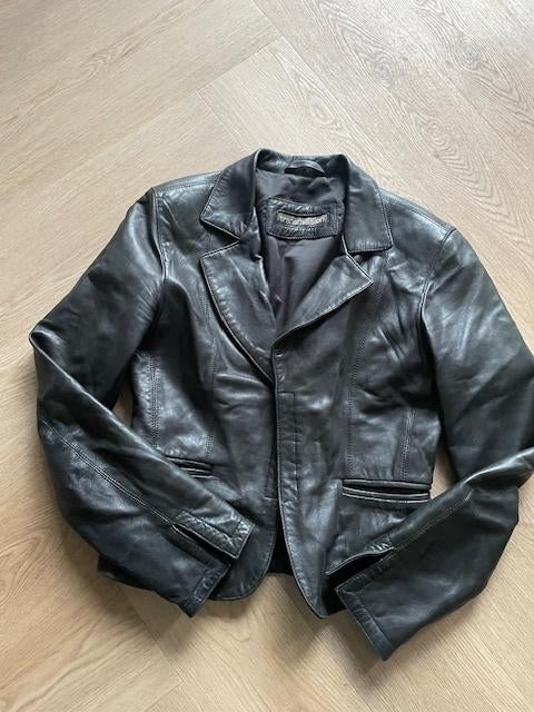 lederen blazer zwart merk transmission, kleine M, Kleding | Dames, Zwart, Ophalen of Verzenden, Lange mouw, Maat 36 (S)