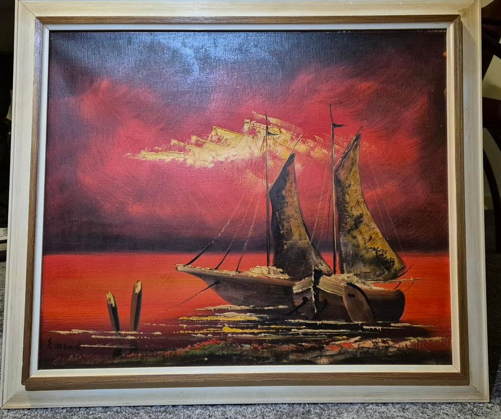 Emondt schilderij zeilboot bij zonsondergang, Ophalen of Verzenden