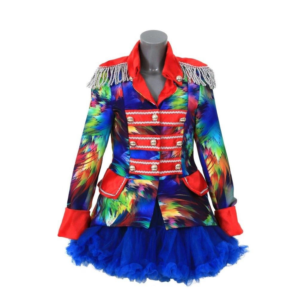 Mooie blauw/rood/geel/groen/zilver gevlamde CARNAVALS jas, Ophalen, Carnaval, Nieuw, Kleding