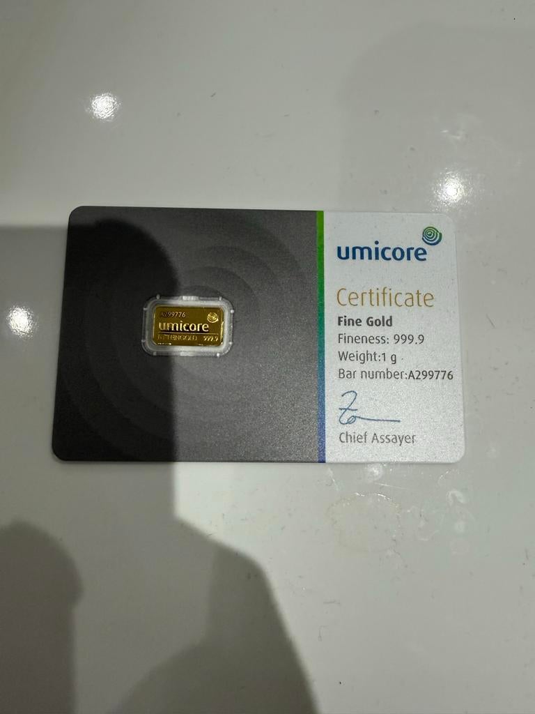 1g Umicore Gouden Baar 999.9 umicore, Ophalen of Verzenden, Goud