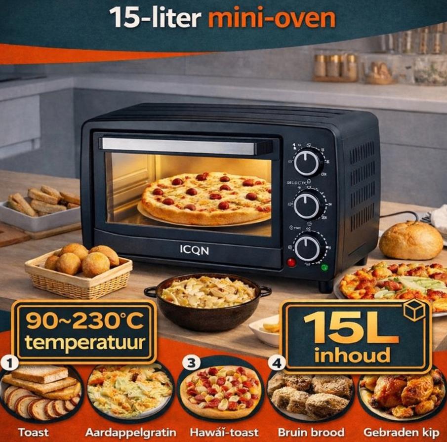 ICQN Vrijstaande Mini Oven 15L Camping oven Zwart Antraciet, Minder dan 45 cm, Minder dan 45 cm, Ophalen of Verzenden, Zo goed als nieuw