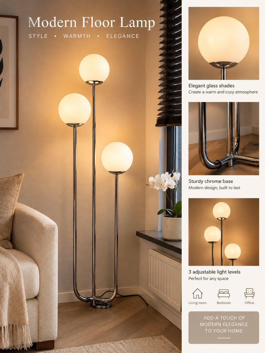 Moderne Vloerlamp met 3 Glazen Bollen - Chroom, Ophalen, Nieuw, E27 (groot), Glas