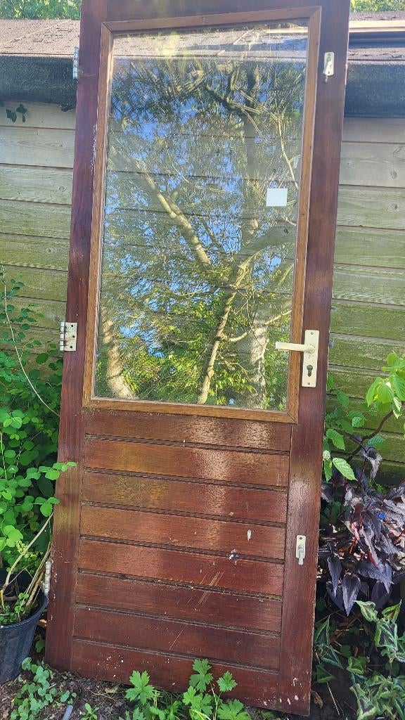 Hardhouten buitendeur met dubbelglas, Ophalen, Gebruikt, 80 tot 100 cm, Buitendeur