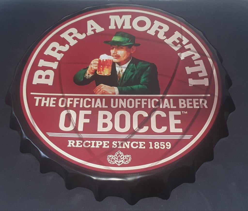 Metalen bierflesdop - bira morretti het officiële onofficiël, Verzamelen, Ophalen of Verzenden, Reclamebord, Plaat of Schild, Overige merken