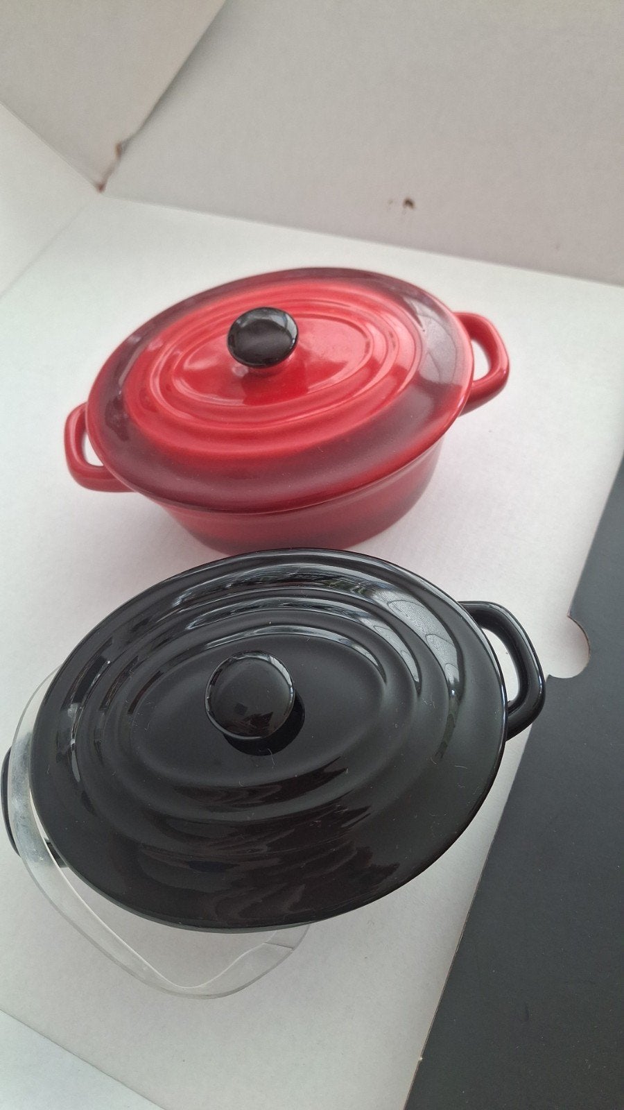 Mini Ovenschaaltjes / Braadpannetjes - Rood & Zwart, Huis en Inrichting, Keuken | Potten en Pannen, Ophalen, Braadpan, Zo goed als nieuw