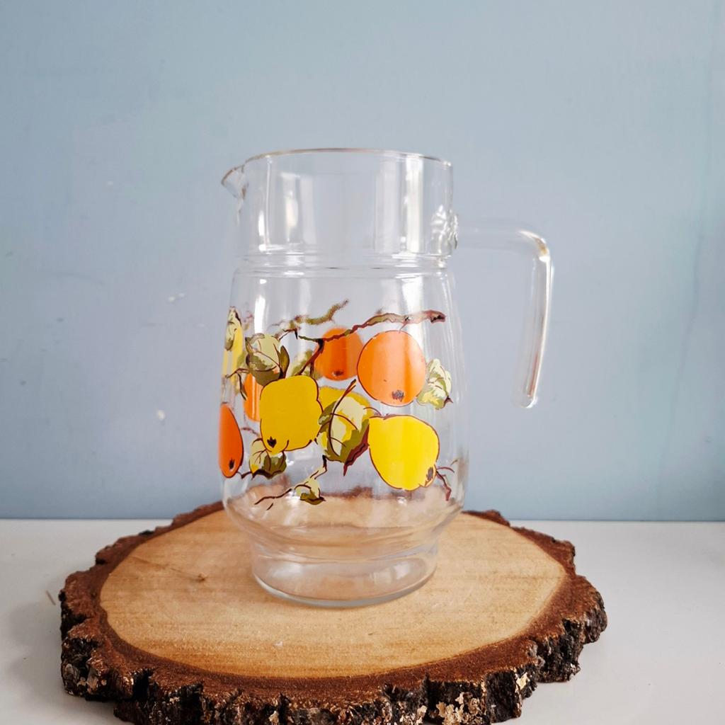 Retro glazen schenkkan met fruitdecor, Ophalen of Verzenden