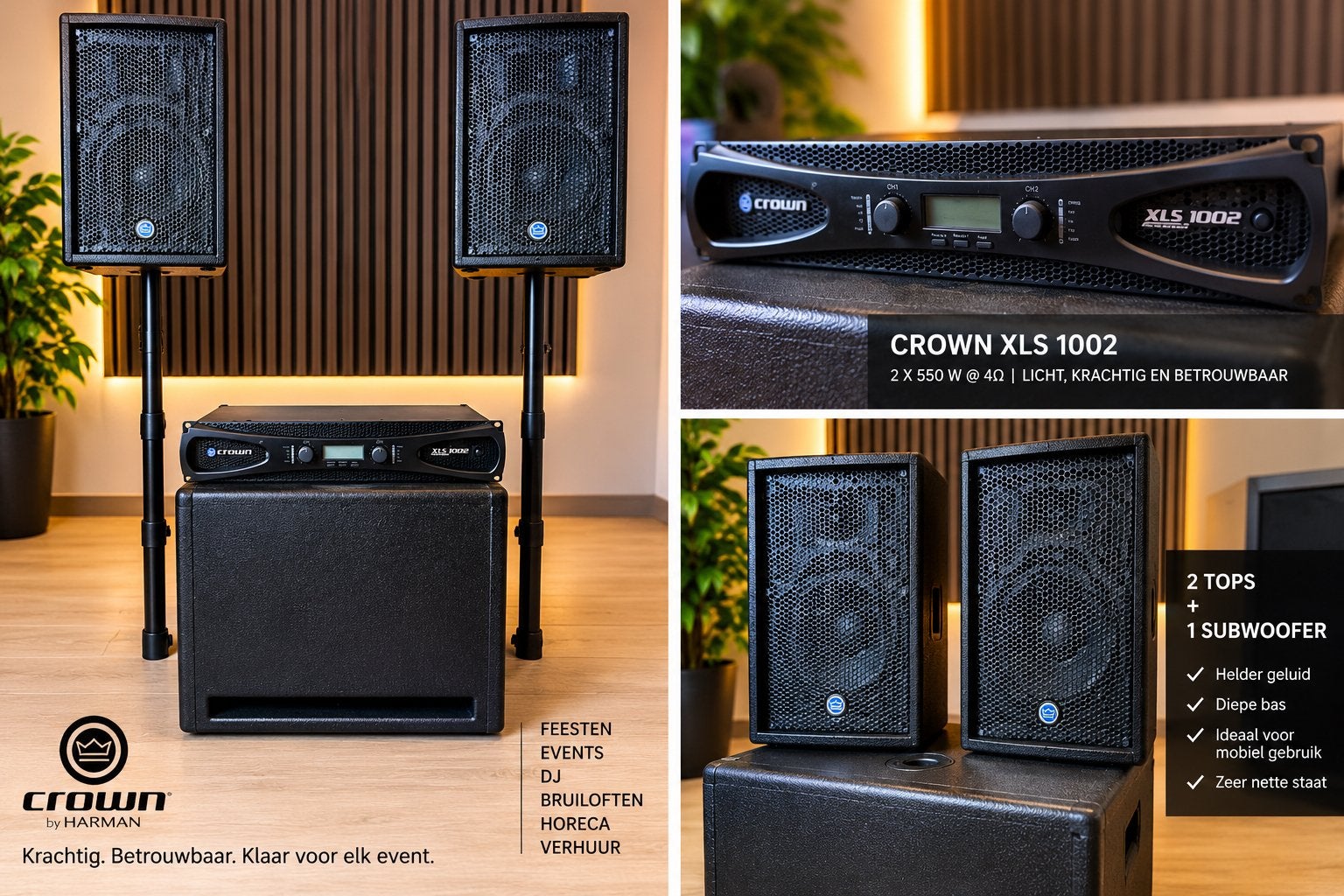 Crown XLS 1002 versterker met 2 Contract tops subwoofer!!!!, Nieuw, 120 watt of meer, Stereo, Ophalen